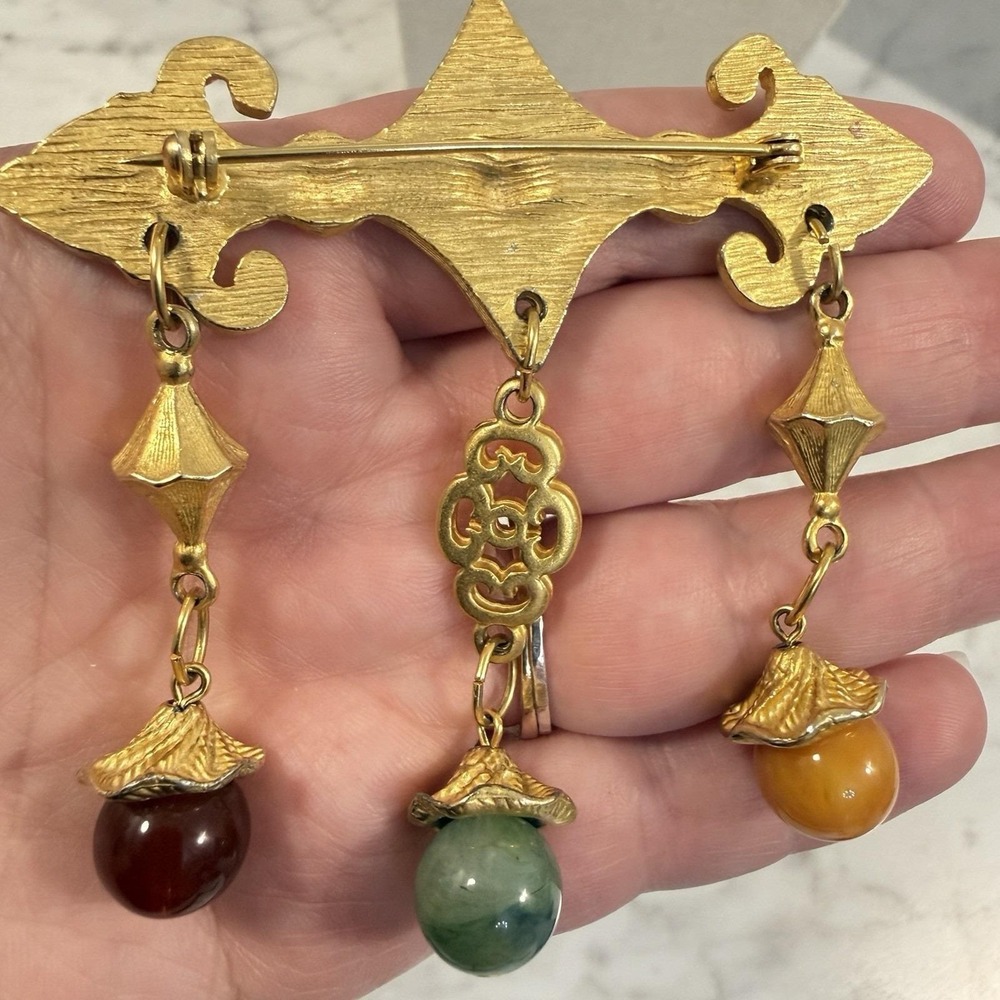 Vintage HUGE Matte Gold Etruscan Style Dangle Acrylic Bead Brooch Renaissance - Picture 4 of 6